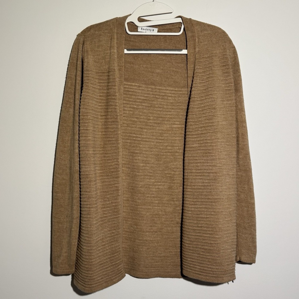Society 8 Women's Medium Open Front Cardigan Beige‎ Neutral Casual Zipper Ribbed